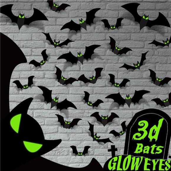 56-Piece 3D Plastic Bats: Spooky Halloween Decorations for Indoor & Outdoor - Picture 1 of 7